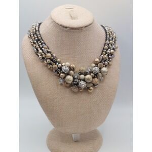 1990s Beaded Bib Necklace Black Crochet Silver Gold Boho Chunky Vintage Artisan